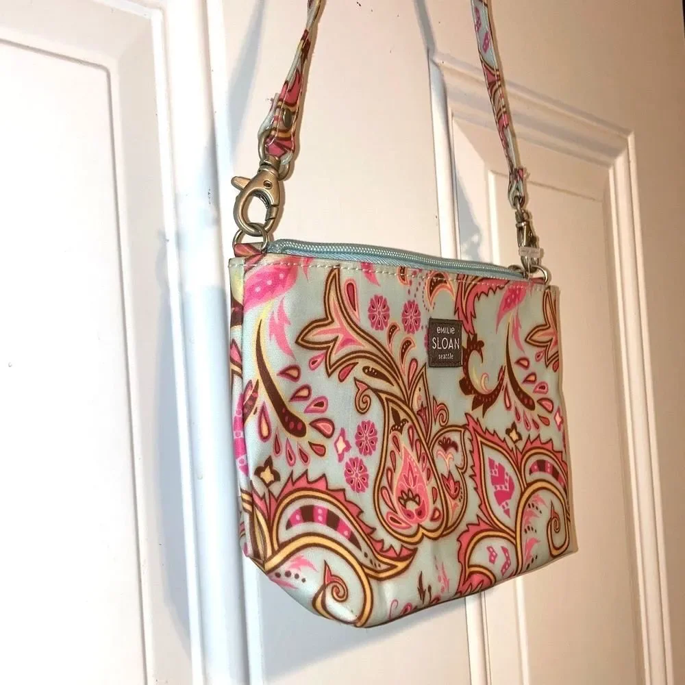 EMILIE SLOAN Seattle Paisley Pink Blue Spring Wristlet Bag Pouch 8.5 x 5 inches
